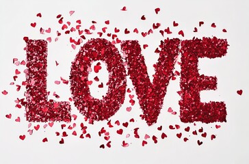 The word "LOVE" made of red heart confetti on a white background