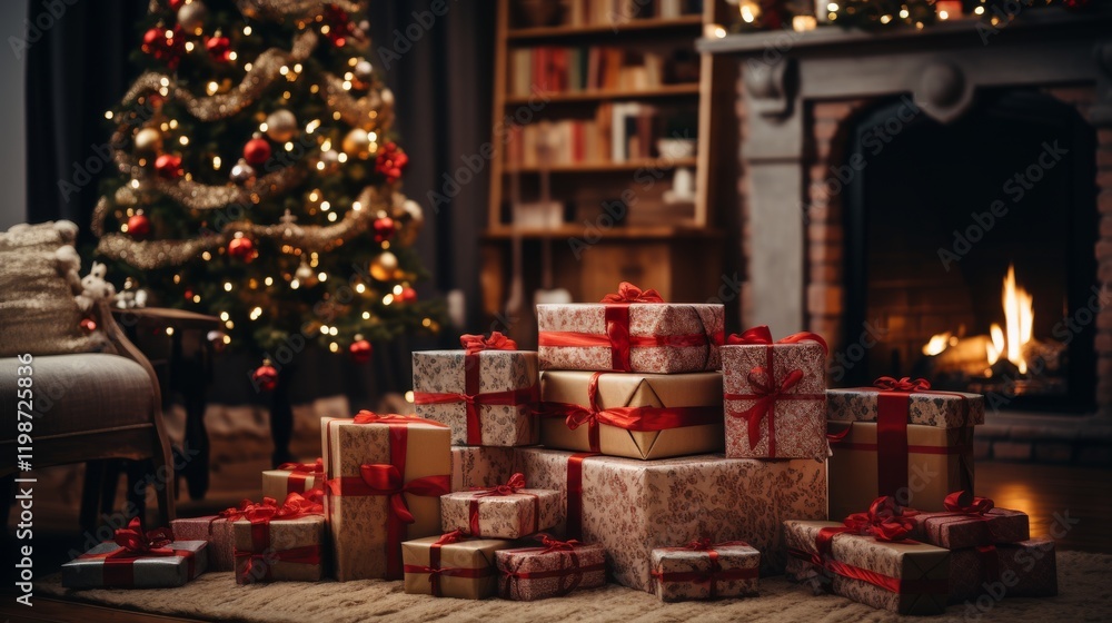 Poster a large stack of presents is piled on the floor in front of a christmas tree. the room is decorated 