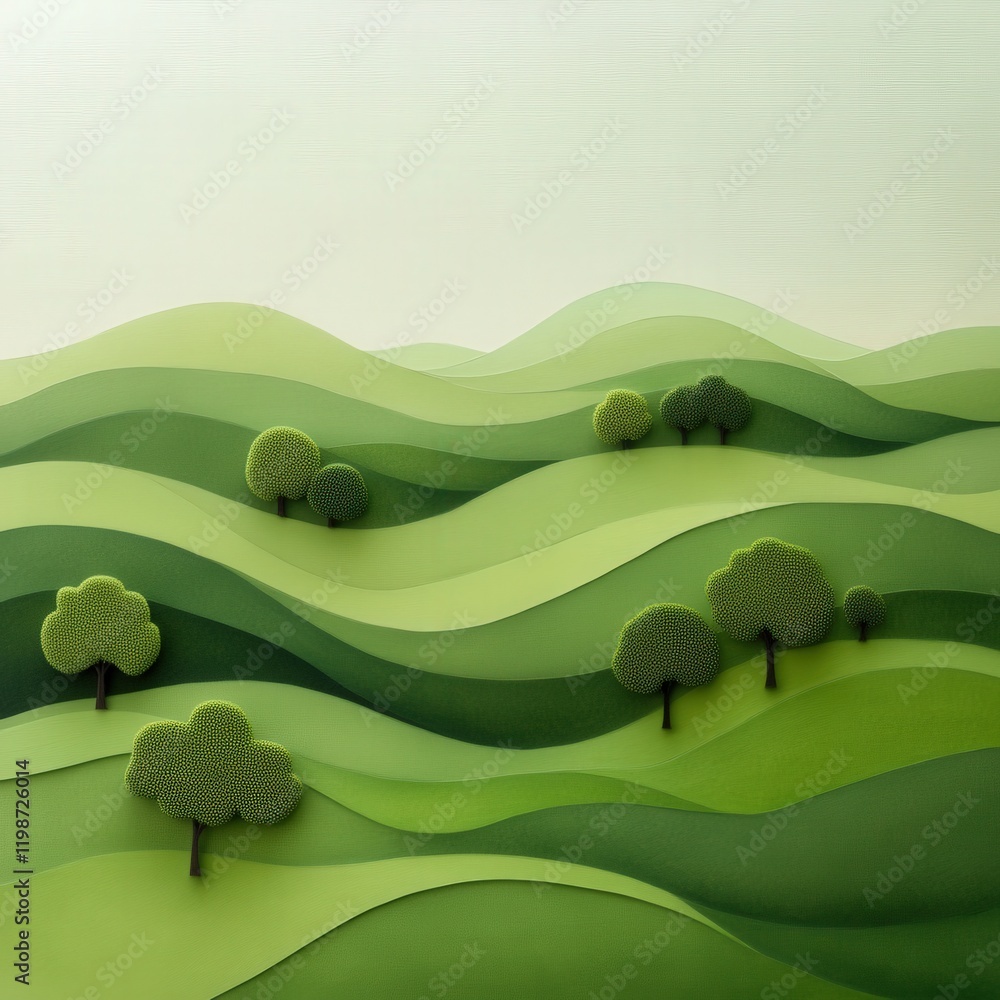 Poster 3d rendering of a green rolling hills landscape with fluffy trees
