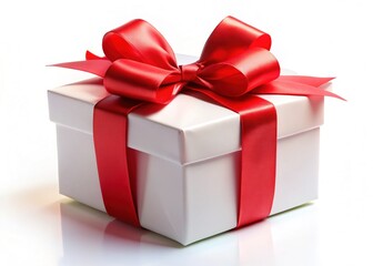 Obraz premium White Gift Box Red Ribbon Bow, Festive Background, High-Quality Image