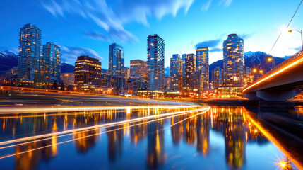 Naklejka premium bustling city skyline at night with lights reflecting on water, showcasing vibrant urban life and dynamic architecture under clear sky