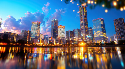 Fototapeta premium bustling city skyline at night with lights reflecting on water, creating vibrant and colorful scene. tall skyscrapers are illuminated against twilight sky, showcasing urban life