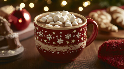 A classic hot cocoa made with milk chocolate and topped with marshmallows, served in a festive holiday mug.