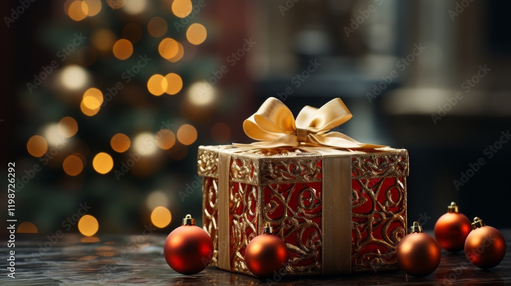 Poster a gold and red box with a bow on top sits on a table next to a christmas tree. the box is filled wit