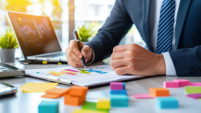 close up of hands drawing business model canvas with colorful sticky notes and laptop in background, conveying sense of creativity and planning in modern office setting