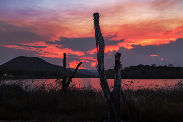 Landscape view of sunset at Kaeng Krachan National Park, Phetchaburi Province, Thailand.