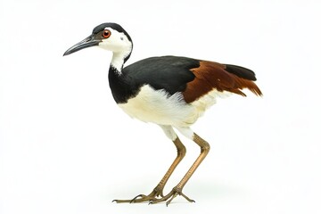 Obraz premium A bird with black, white, and red feathers stands on a white background. The bird's posture and coloration suggest a sense of strength and confidence