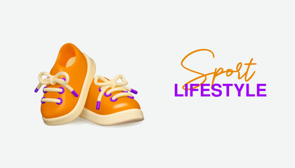 Sport lifestyle web banner. Orange sneakers vector 3d icon. Cartoon sport shoes isolated. Pair of footwear with laces in simple cute style