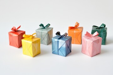 Vibrant origami gift boxes in various colors with bows, ideal for festive and celebratory themes.