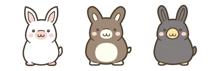 Cute cartoon animals featuring three adorable bunnies in different colors, showcasing their playful expressions and charming designs. Perfect for stickers or illustrations