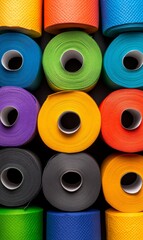 Vibrant rolls of colorful paper arranged neatly on a black background showcasing a variety of hues