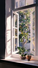 A window with a plant in a pot and a vase. The plant is in the window sill and the vase is on the sill