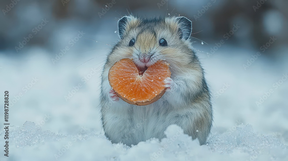 Wall mural Cute hamster eating orange in snow.