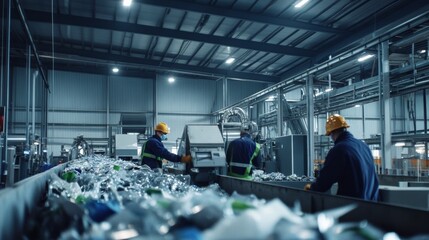 A modern industrial recycling plant with workers sorting and processing recyclable materials like plastics and metals under controlled environmental conditions, Recycling plant scene