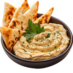 Delicious hummus served with toasted pita bread. transparent background