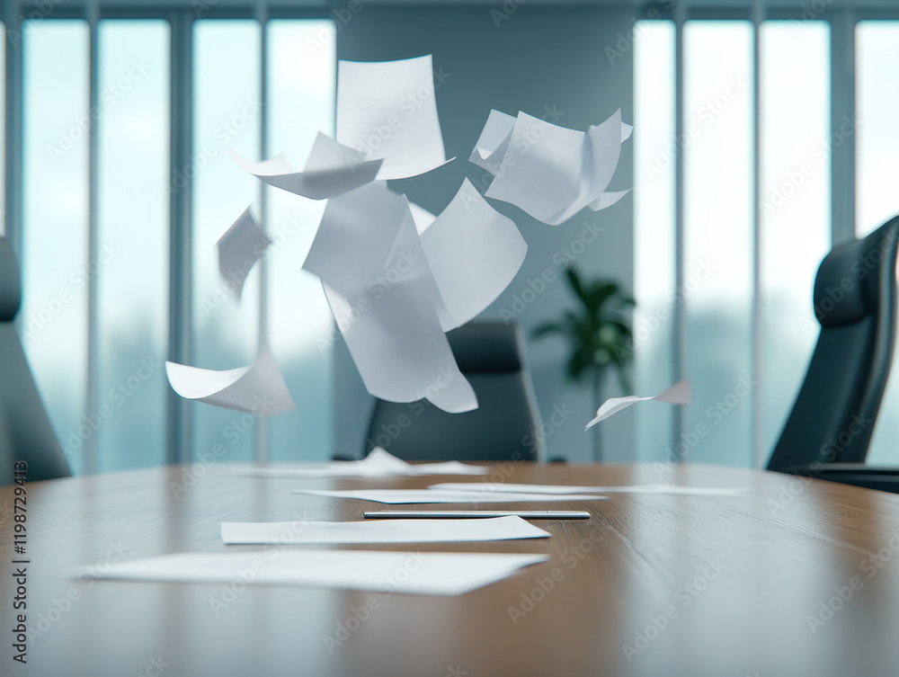 Poster papers flying in air during brainstorming session in modern office, creating dynamic and creative at