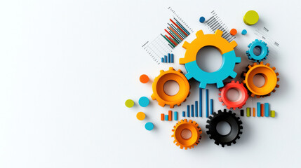 Colorful gears and charts symbolize dynamic business model concept, illustrating teamwork and strategy. vibrant design highlights innovation and efficiency in data analysis