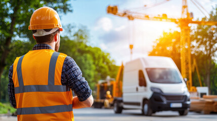construction worker in safety vest and helmet observes van parked near construction site with cranes in background, under bright sun
