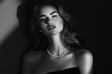 Naklejka premium A High-Resolution Black-and-White Photograph of a Woman in a Black Dress, Gazing Thoughtfully with Wavy Hair and Soft Lighting.
