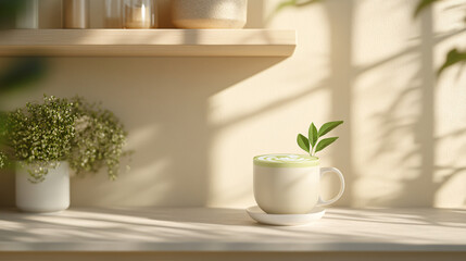 A classic Matcha Latte with oat milk, presented in a clean white mug and topped with a delicate swirl of frothy foam, garnished with matcha leaves for an organic touch.
