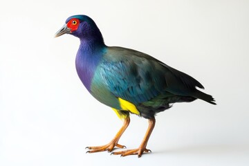 Obraz premium A colorful bird with a red beak stands on a white background. The bird's bright colors and unique features make it stand out against the plain white background
