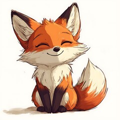 Adorable Cartoon Fox with Closed Eyes and a Happy Expression Sitting on a White Background.