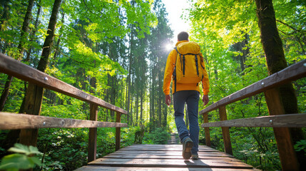 hiker in yellow jacket crosses wooden bridge in sunlit, dense forest, surrounded by tall trees and lush greenery, enjoying serene natural environment