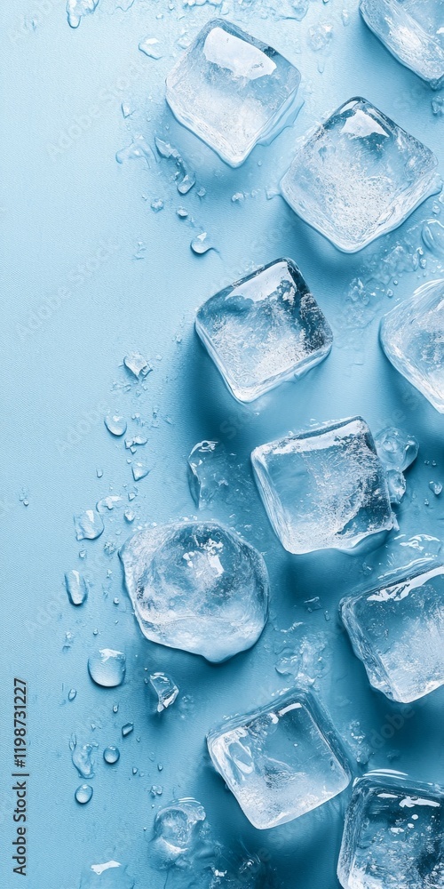 Poster a blue background with ice cubes on it. the ice cubes are scattered all over the background. some of
