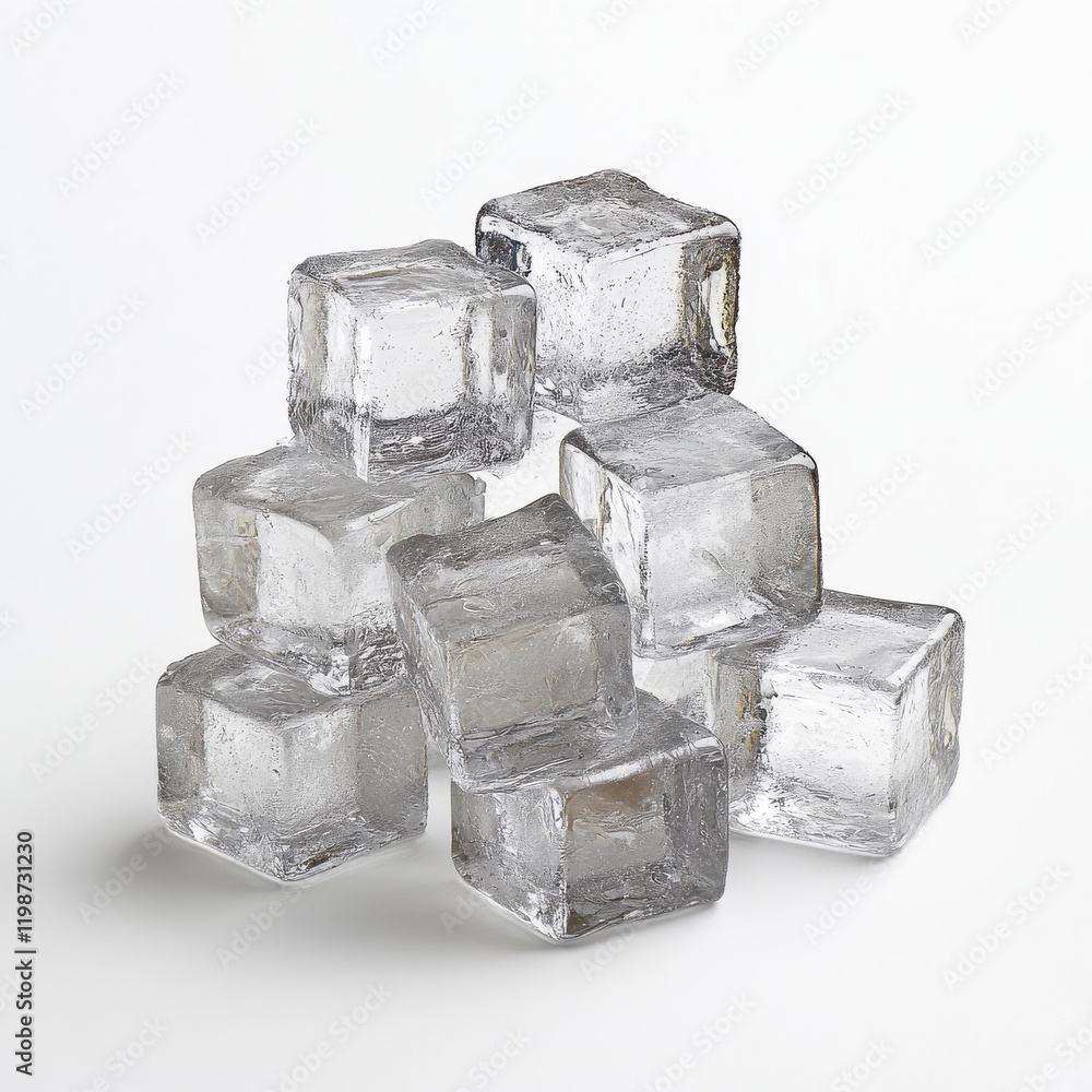 Poster refreshing ice cubes stacked in a neat arrangement on a white background.
