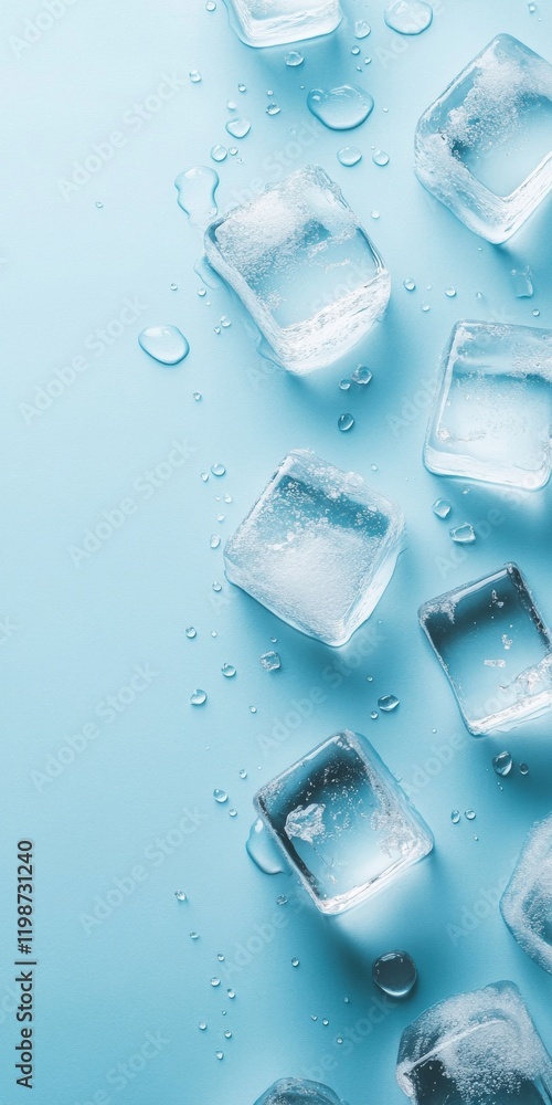 Poster a blue background with a row of ice cubes on it. the ice cubes are all different sizes and are scatt