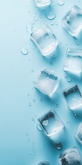 A blue background with a row of ice cubes on it. The ice cubes are all different sizes and are scattered across the background