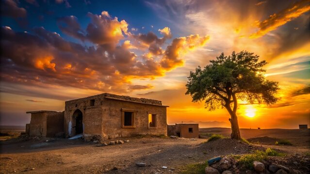 Silhouette of Ancient Iraqi House at Sunset near Kirkuk