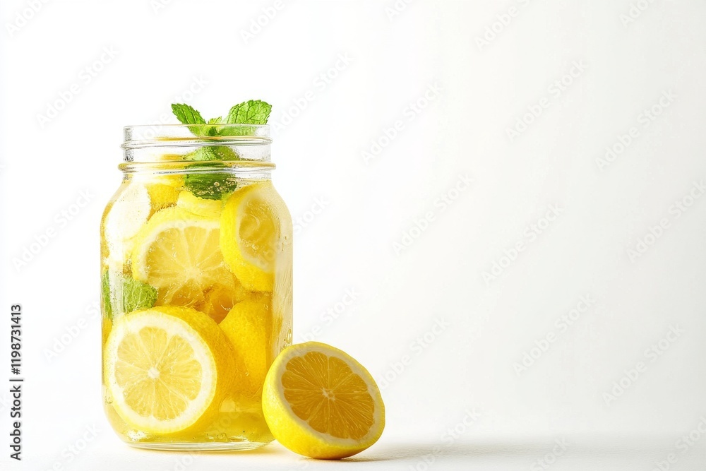 Poster a jar of lemonade with a slice of lemon in it. the lemonade is yellow and the lemon slice is cut in 