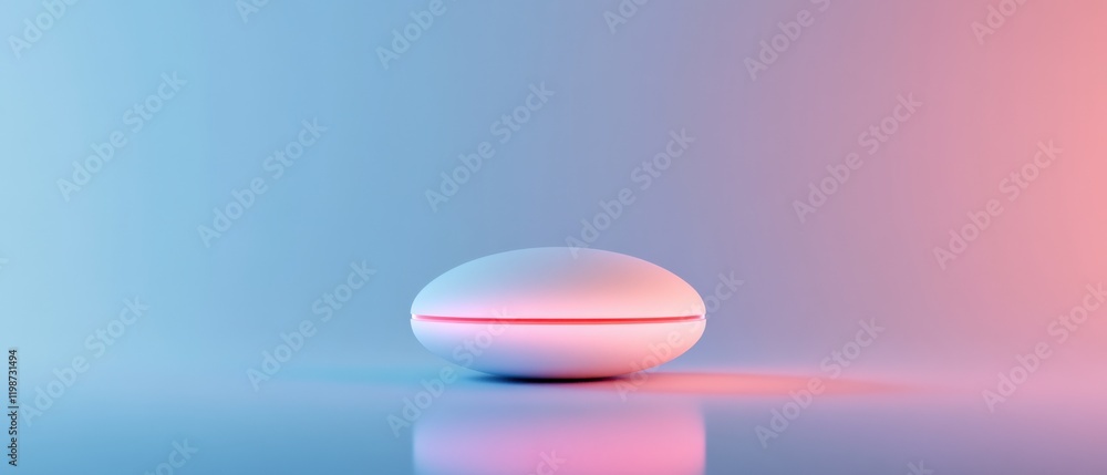 Poster minimalist 3d rendering of a futuristic oval shape with a thin red line on a gradient blue and pink 
