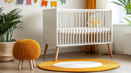cozy baby room with white crib, orange knitted stool, and round rug, decorated with colorful bunting and green plants, creating warm and inviting atmosphere