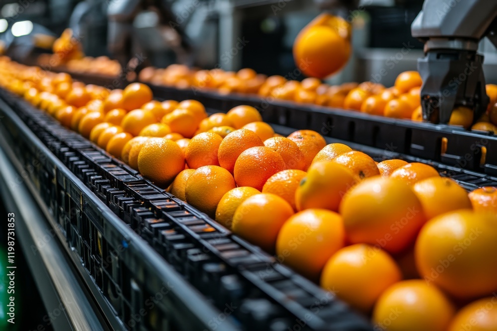 Poster cutting-edge robotics technology sorting and organizing fresh fruits in a modern warehouse setting