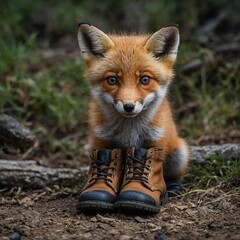 Fototapeta premium A baby fox looking curiously at a hiker’s boots.