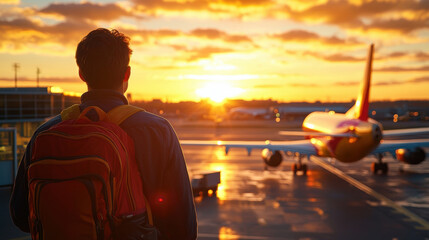 Fototapeta premium traveler with backpack stands at airport, watching vibrant sunset as airplane prepares for departure, evoking sense of adventure and anticipation