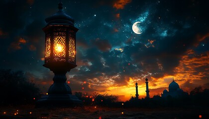 Fototapeta premium Ornamental beautiful Arabic lantern glowing at night.