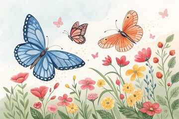 Watercolor Butterflies and Flowers, on Background