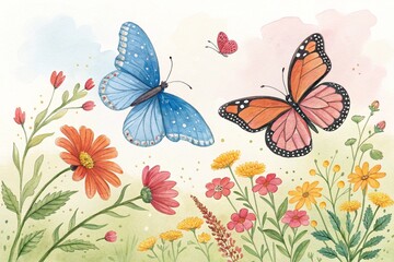 Watercolor Butterflies and Flowers, on Background