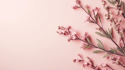 Fototapeta premium Pink flowers with green leaves on a pink background