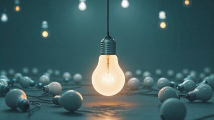 One of Lightbulb glowing among shutdown light bulb in dark area with copy space for creative thinking , problem solving solution and outstanding concept by 3d rendering technique.