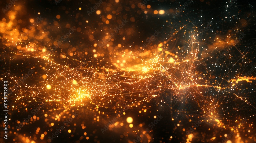 Poster abstract golden network sparkling connections and glowing nodes background