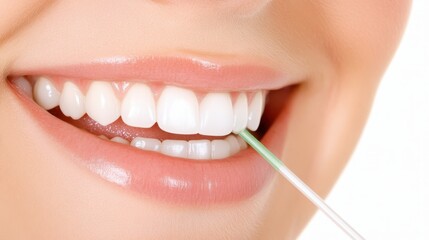 Fototapeta premium Close-up of a woman's smiling mouth with toothpick, showcasing healthy teeth, fresh breath, and a confident smile