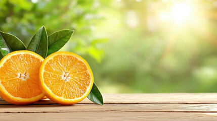 Fresh oranges with vibrant green leaves rest on wooden table under sunlight, creating bright and refreshing scene. natural setting highlights juicy texture of fruit