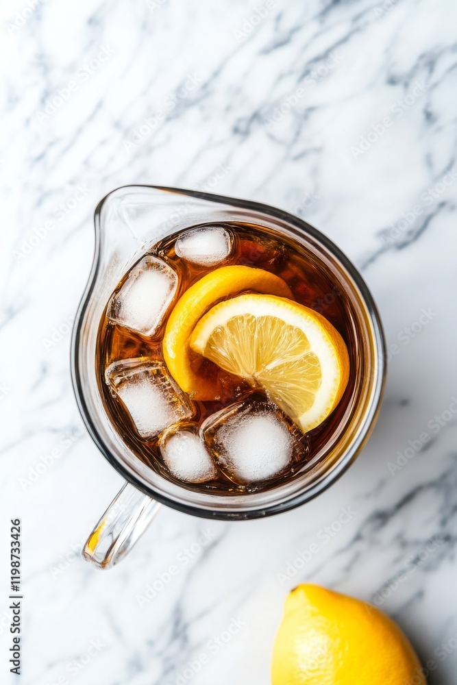 Poster a glass pitcher of iced tea with a lemon slice in it. the pitcher is filled with ice and the lemon s