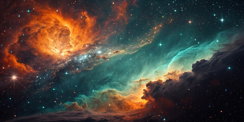 Obraz premium Cloud nebula of a colorful cosmic galaxy. Starry night sky. Astronomy and universe science. Background wallpaper of a supernova planetary planet and moon