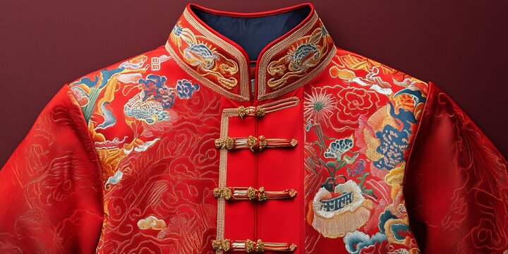 A red jacket with gold buttons and intricate embroidery. The jacket is made of a rich, luxurious fabric and features a gold and red design. The embroidery is detailed