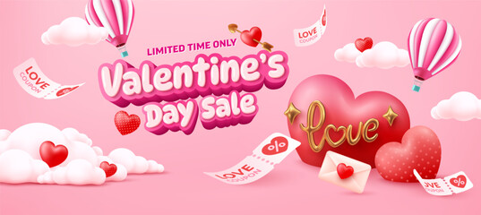 Vector of Valentine's Day Sale Banner Template with Floating Hearts,Hot Air Balloons,Love Coupons,Pink Clouds and Romantic Design Elements for Limited-Time Festive Promotions and Holiday Marketing